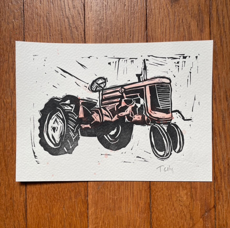 Linocut &amp; Wtarecolor Tractor