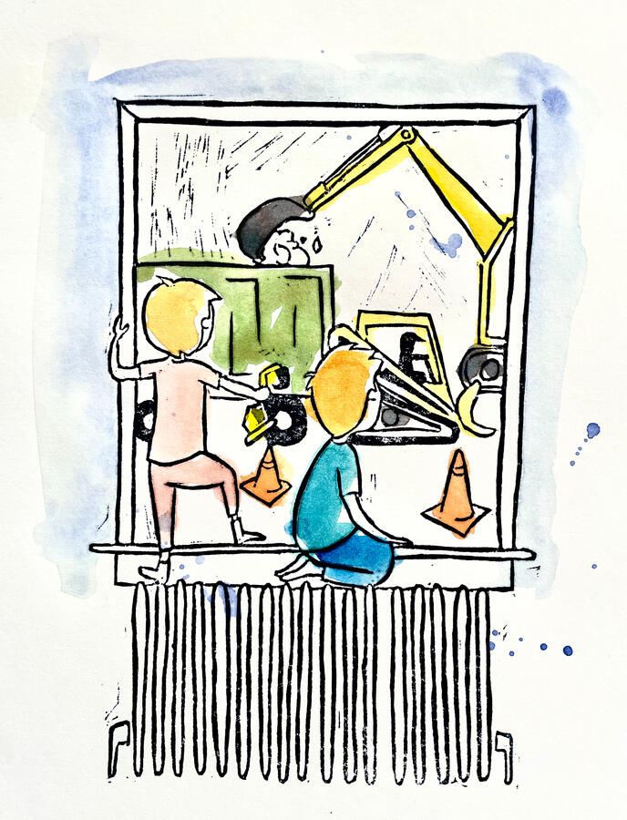 Boys watching construction. Linocut & watercolor. Boys watching construction. Linocut & watercolor.