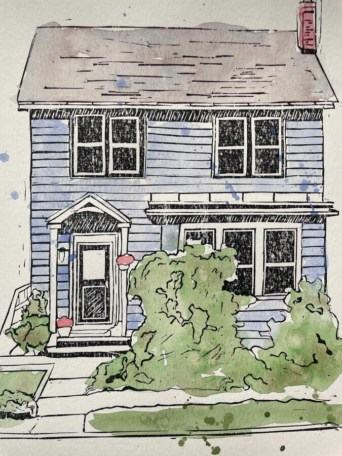 Linocut &amp; Watercolor House