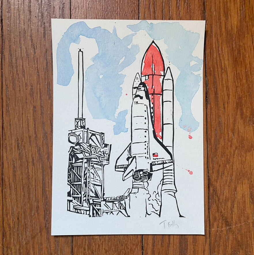 Linocut & watercolor shuttle launch Linocut & watercolor shuttle launch