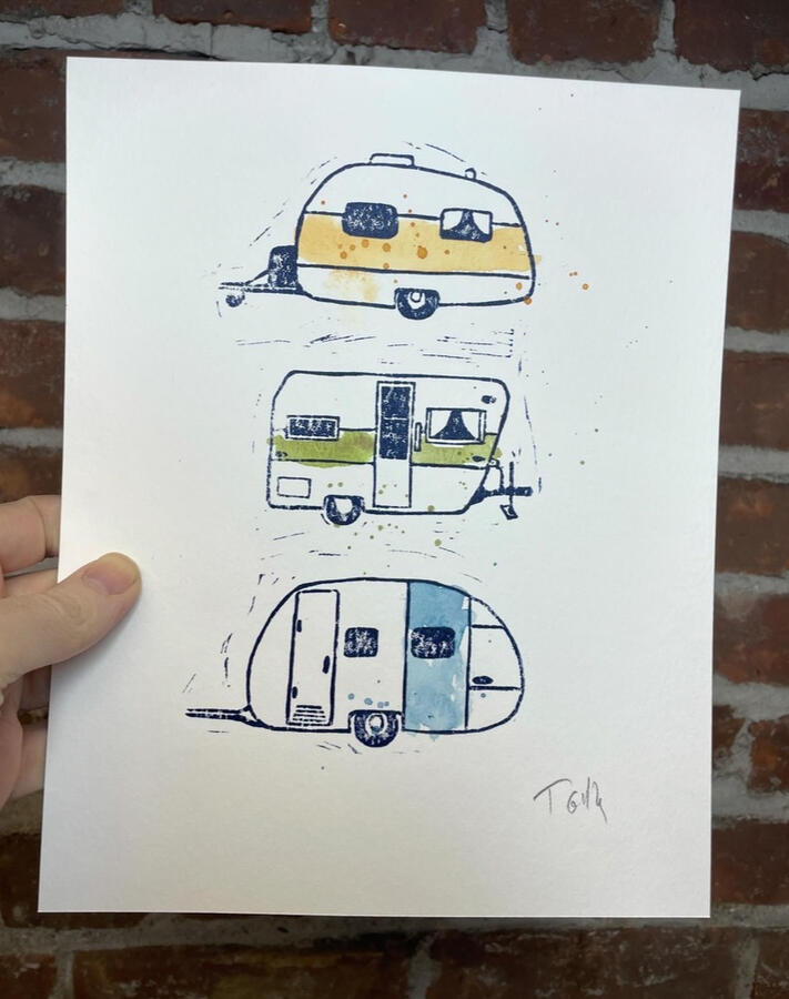 Linocut &amp; Watercolor Campers